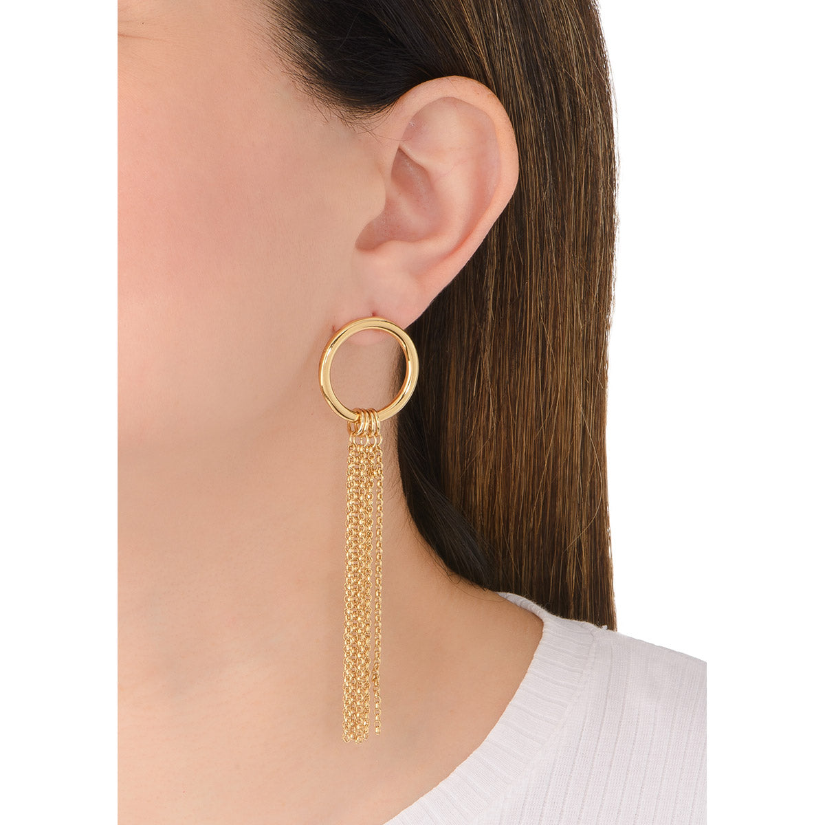 Aretes tipo broquel con aro circular y cadenas colgantes