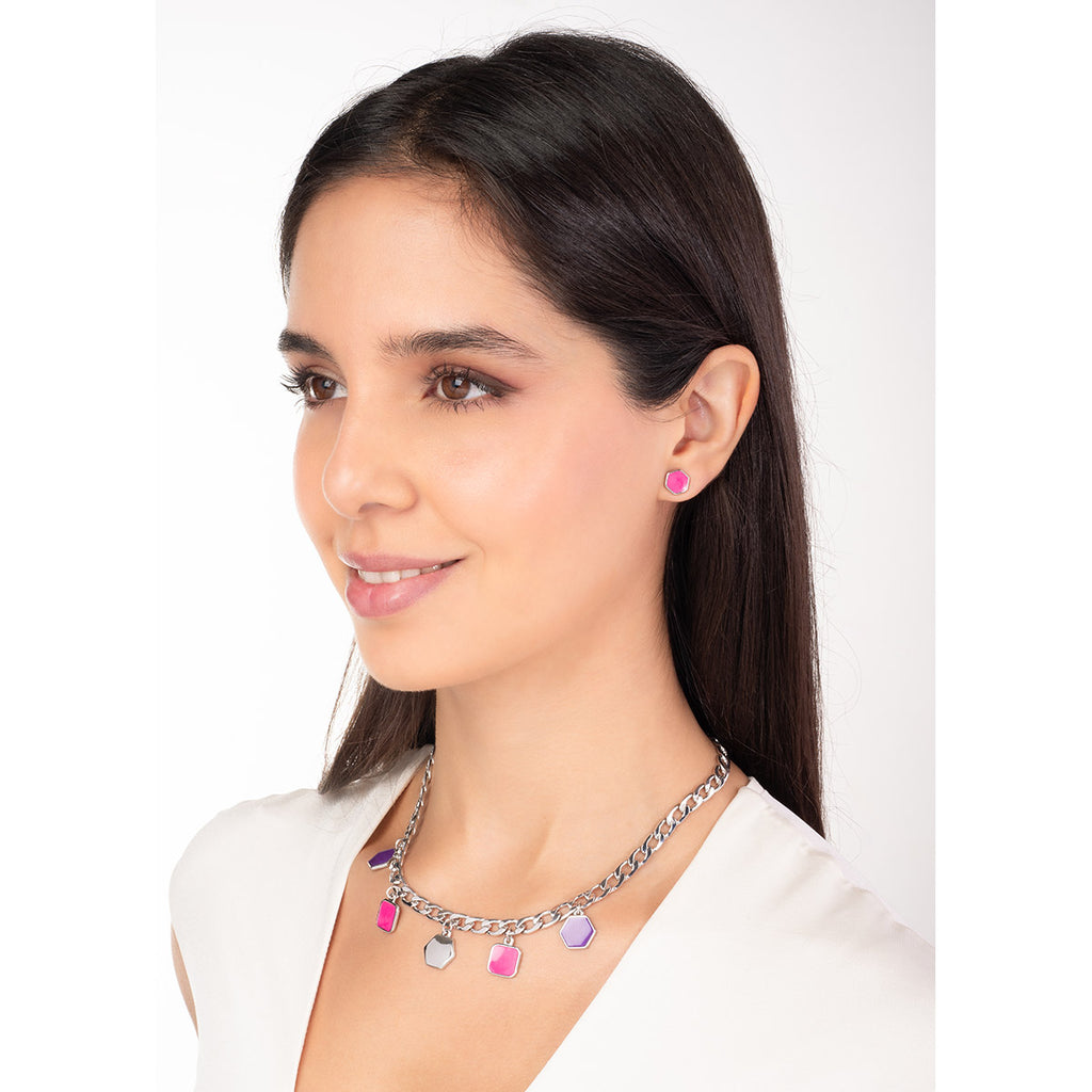 Rhodium-plated necklace with fuchsia and purple geometric charms