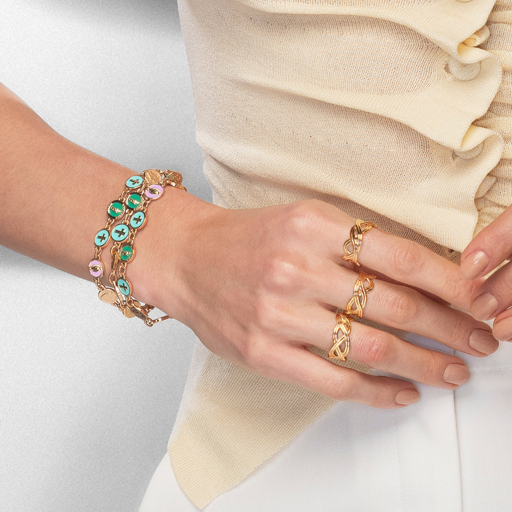 Adjustable bracelet with enameled religious charms